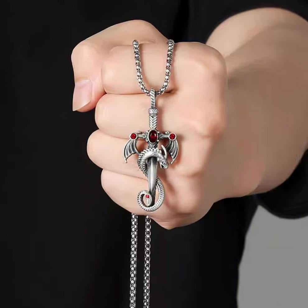 Stainless Steel Dragon Sword with Gemstone Necklace