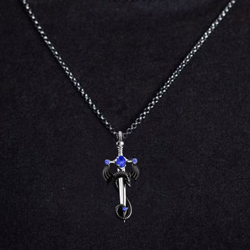 Stainless Steel Dragon Sword with Gemstone Necklace