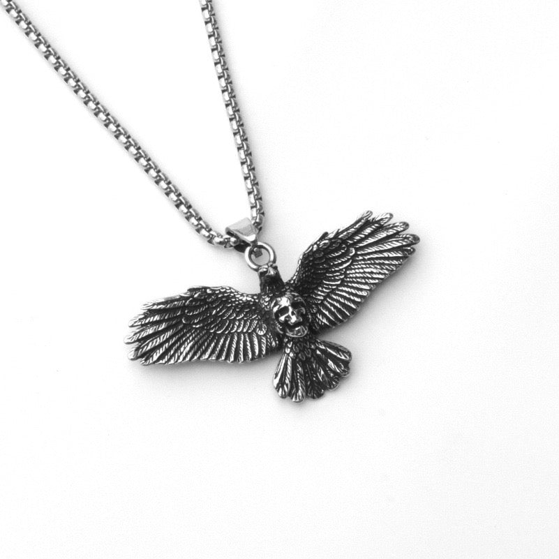 Stainless Steel Viking Flying Eagle with Skull Necklace