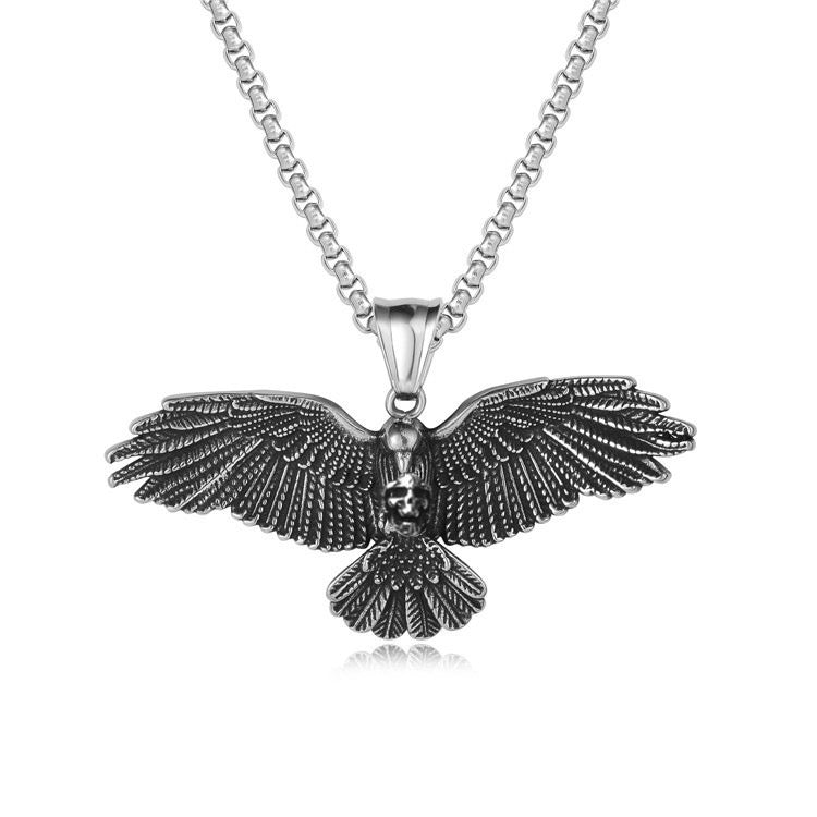 Stainless Steel Viking Flying Eagle with Skull Necklace