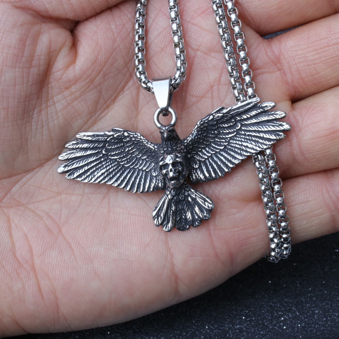 Stainless Steel Viking Flying Eagle with Skull Necklace