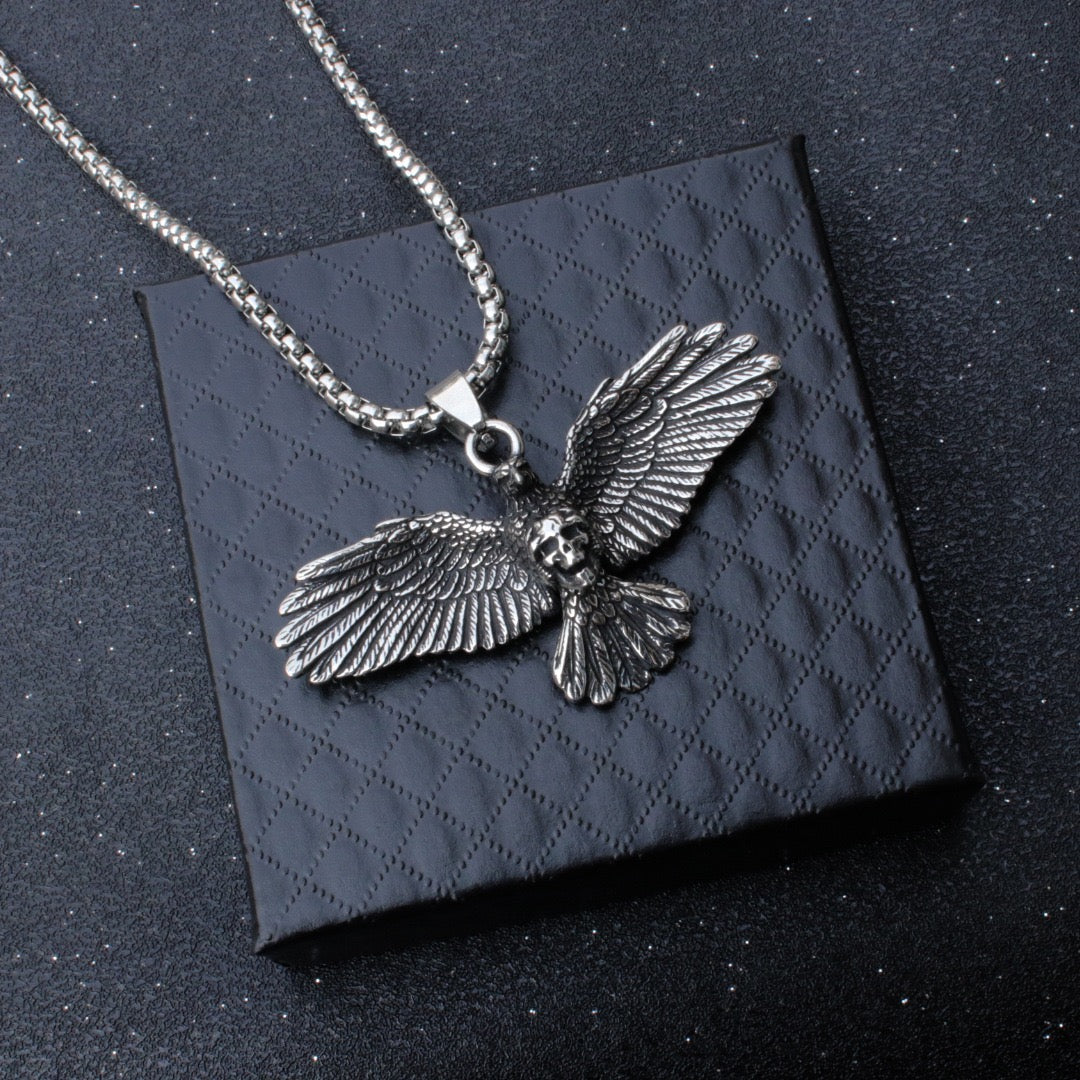 Stainless Steel Viking Flying Eagle with Skull Necklace