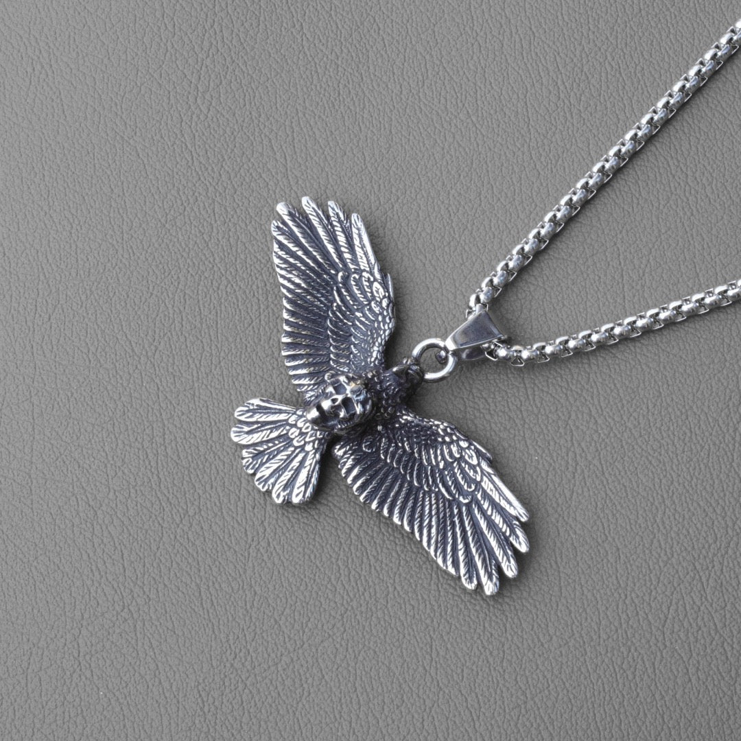 Stainless Steel Viking Flying Eagle with Skull Necklace