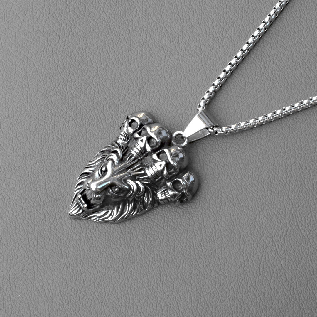 Stainless Steel Lion Head and Skull Necklace