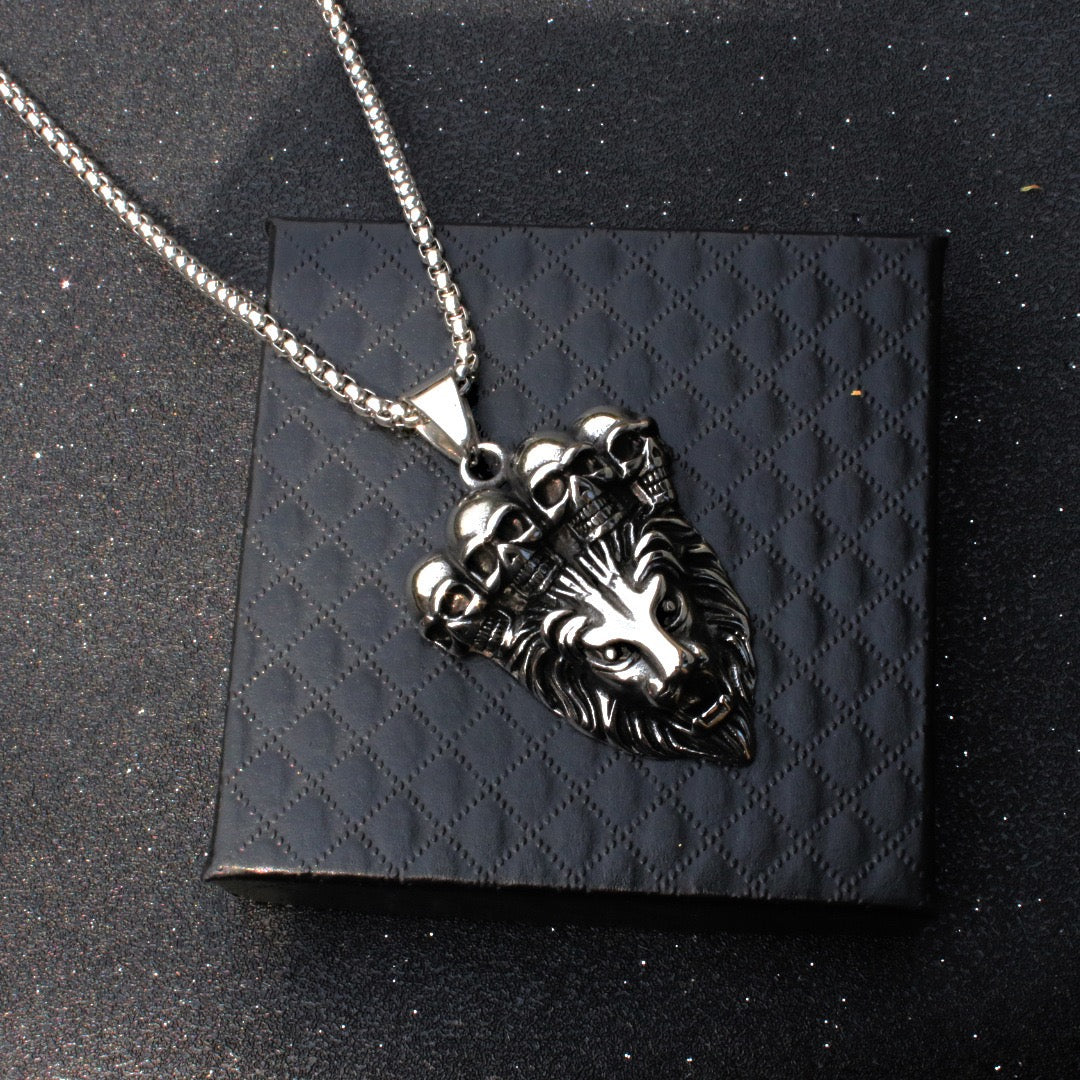 Stainless Steel Lion Head and Skull Necklace