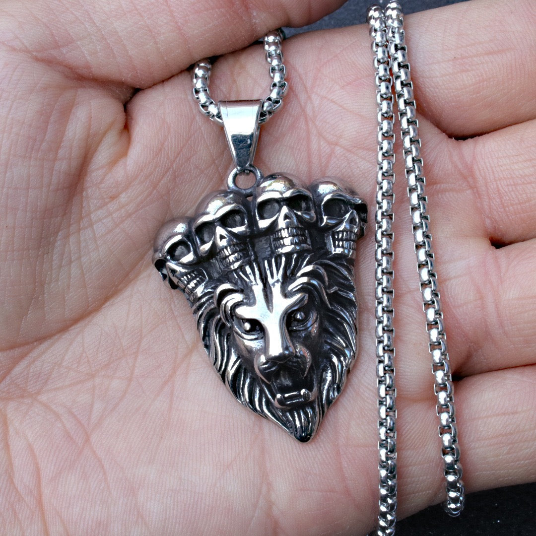 Stainless Steel Lion Head and Skull Necklace