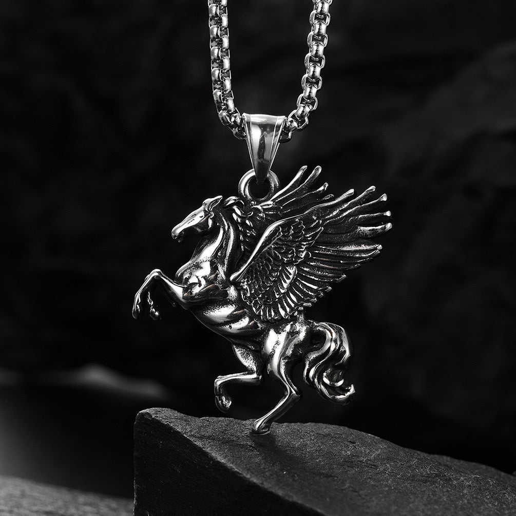 Stainless Steel  Pegasus Flying horse with Wings Necklace