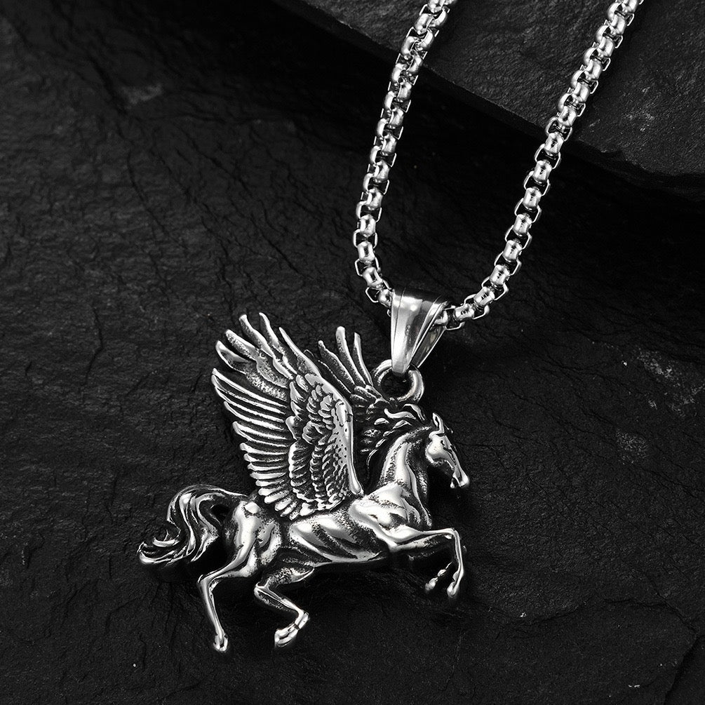 Stainless Steel  Pegasus Flying horse with Wings Necklace