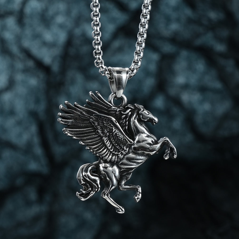 Stainless Steel  Pegasus Flying horse with Wings Necklace