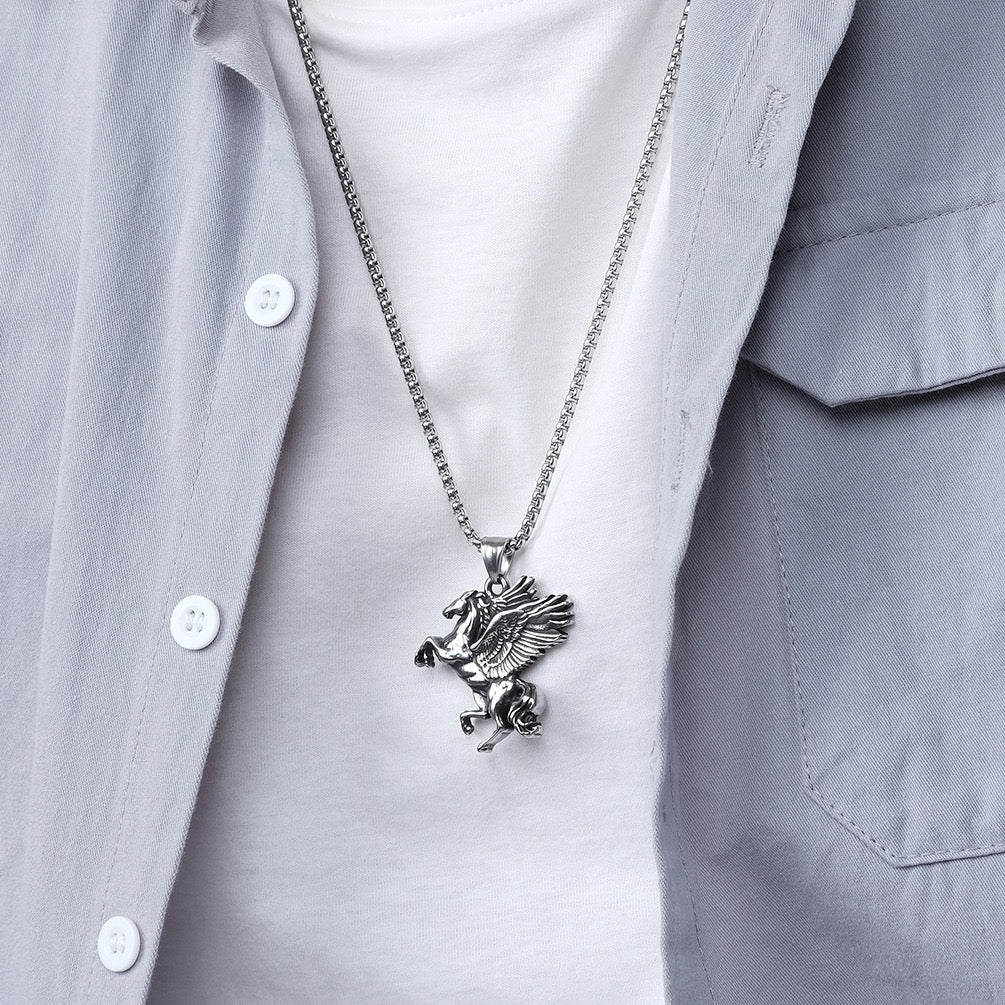 Stainless Steel  Pegasus Flying horse with Wings Necklace