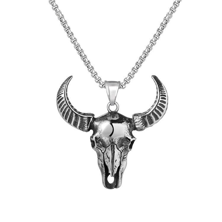 Stainless Steel Long Horn Cow Skull Necklace
