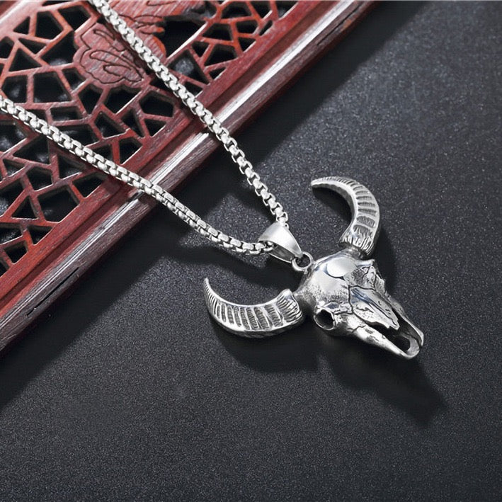 Stainless Steel Long Horn Cow Skull Necklace