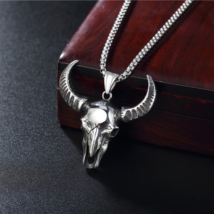 Stainless Steel Long Horn Cow Skull Necklace