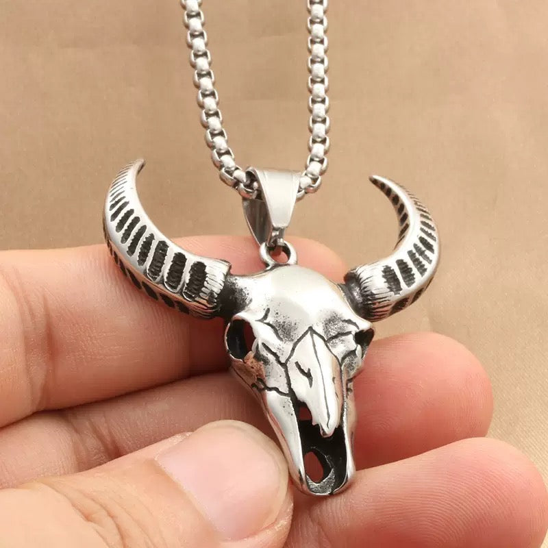 Stainless Steel Long Horn Cow Skull Necklace