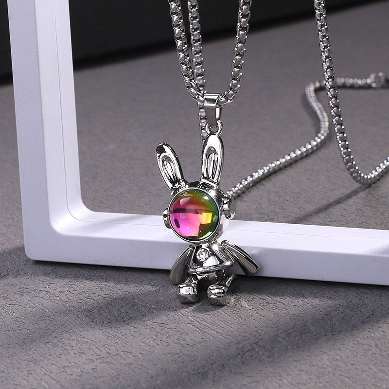 Stainless Steel Cute Bunny with Gemstone Necklace