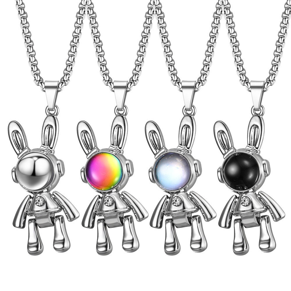 Stainless Steel Cute Bunny with Gemstone Necklace