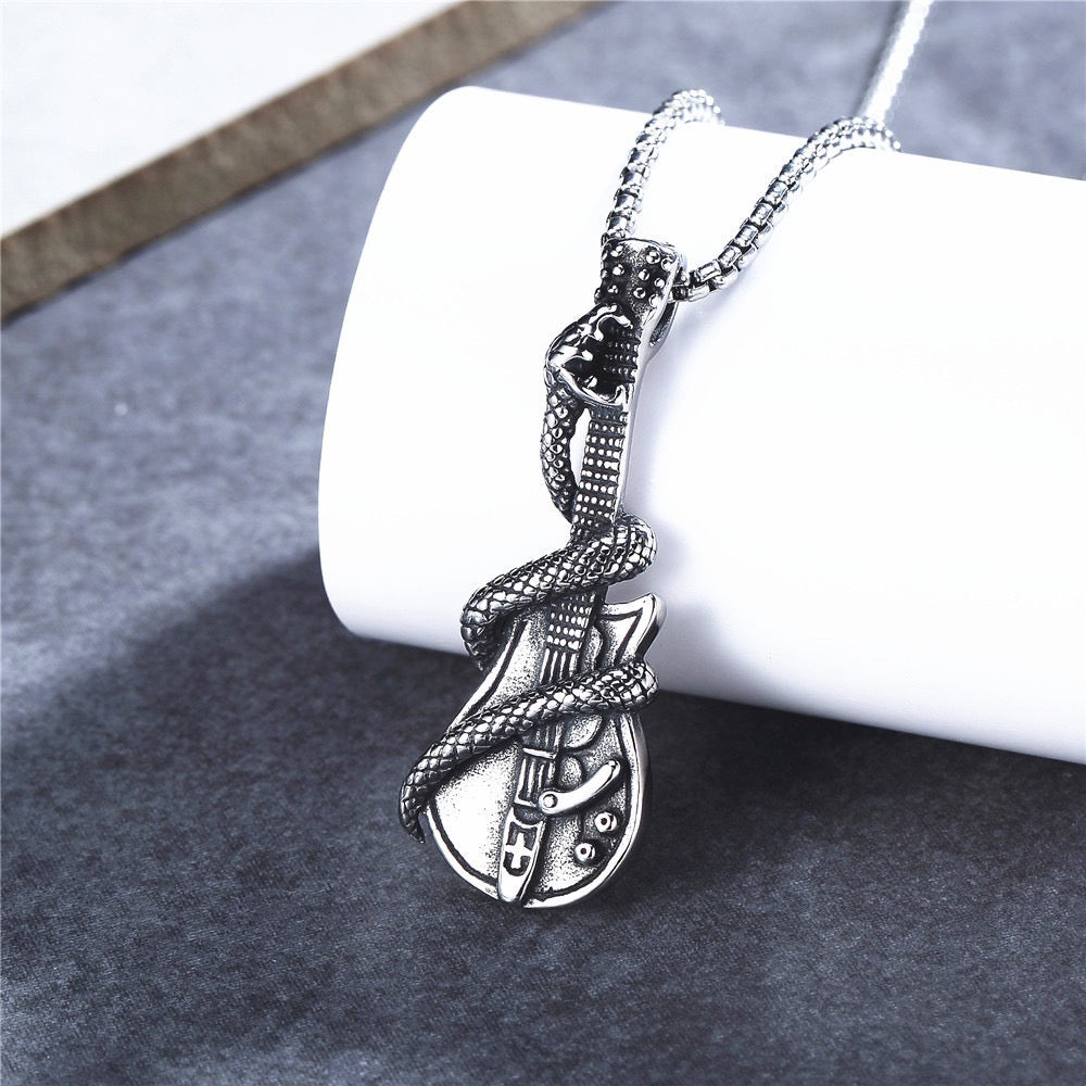 Stainless Steel Coiled Snake and Guitar Necklace