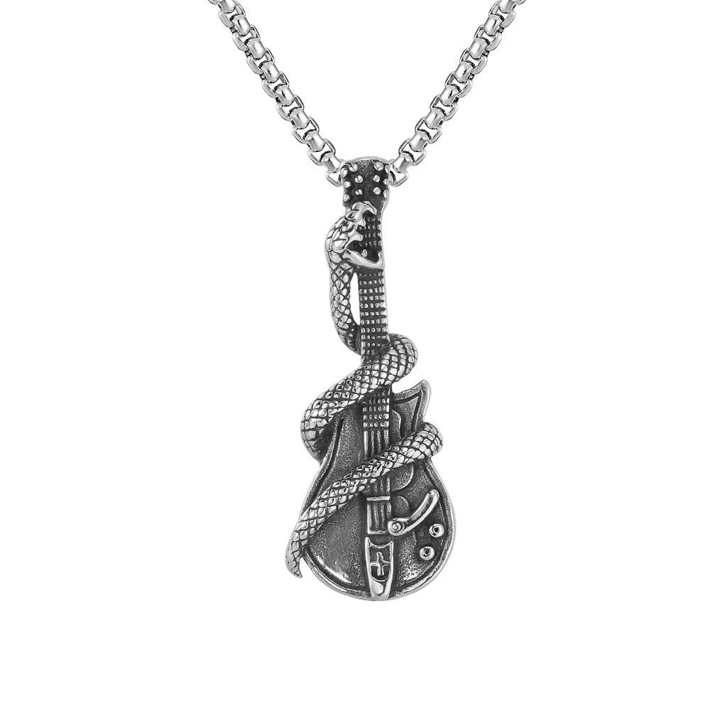 Stainless Steel Coiled Snake and Guitar Necklace