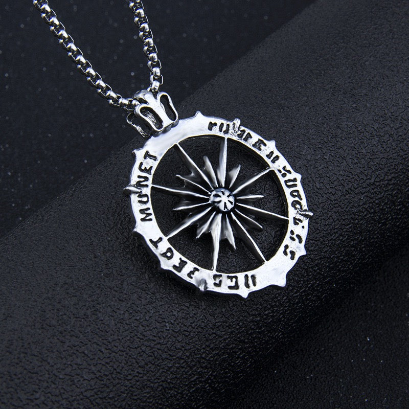 Stainless Steel Sunburst Compass Necklace