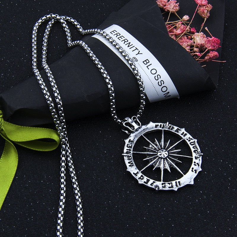 Stainless Steel Sunburst Compass Necklace