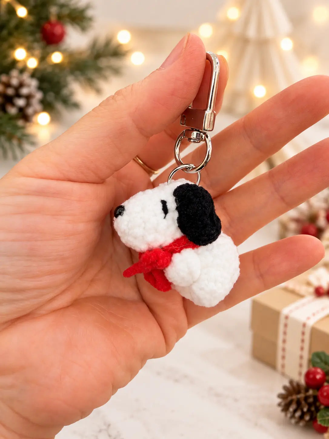 Handmade black and white crochet dog keyring and bag charm
