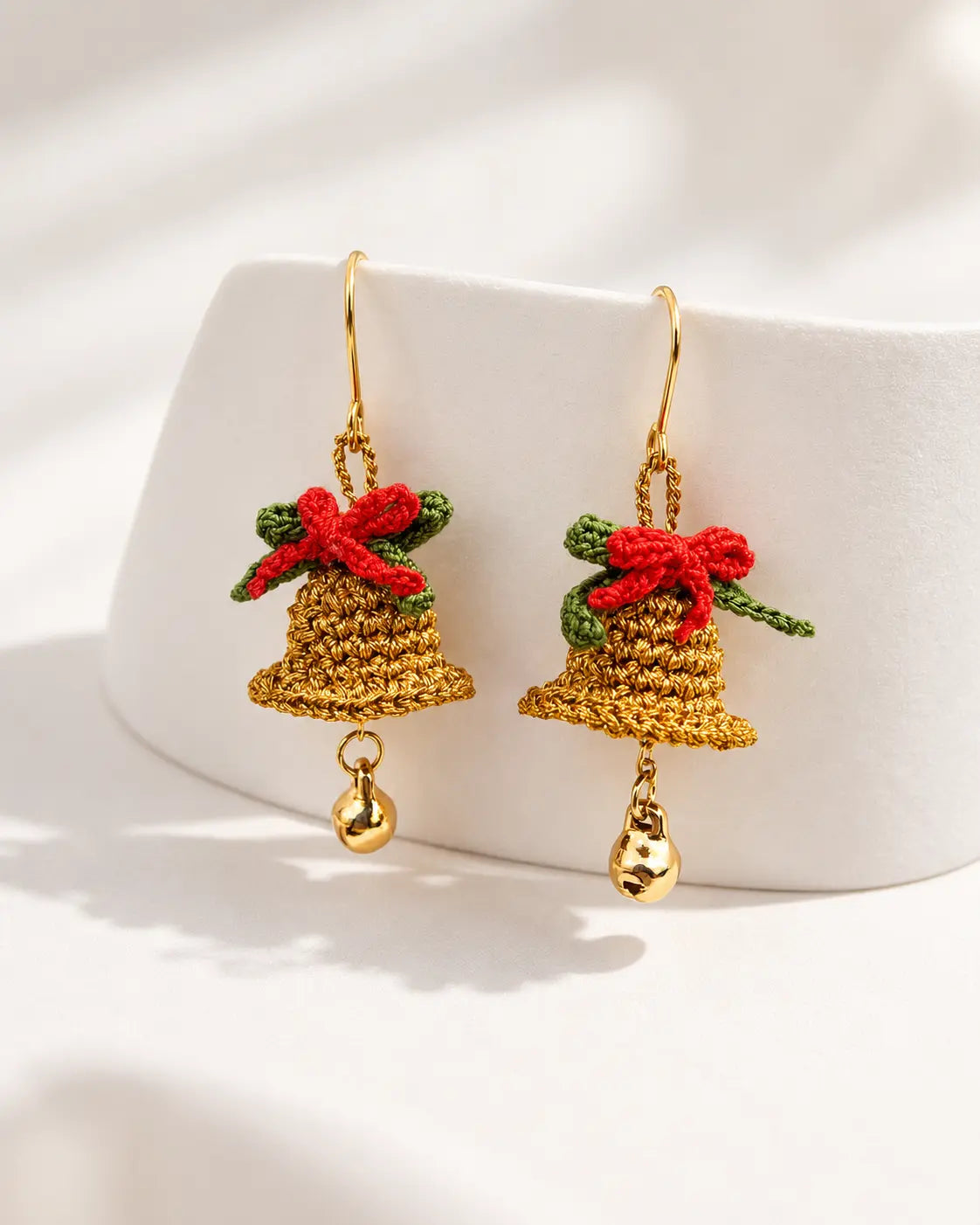 Handmade crochet Christmas bell bow drop earrings