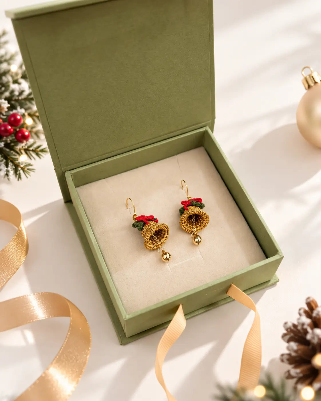 Handmade Christmas bell earrings presented in a green gift box