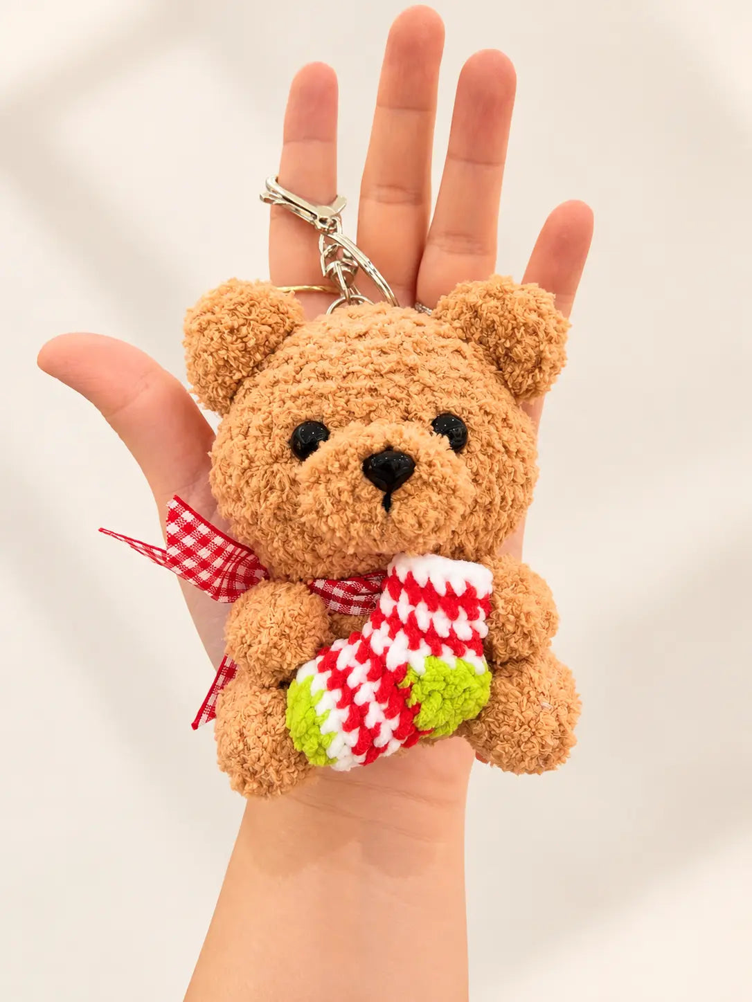 Handmade crochet Christmas stocking bear keyring and bag charm