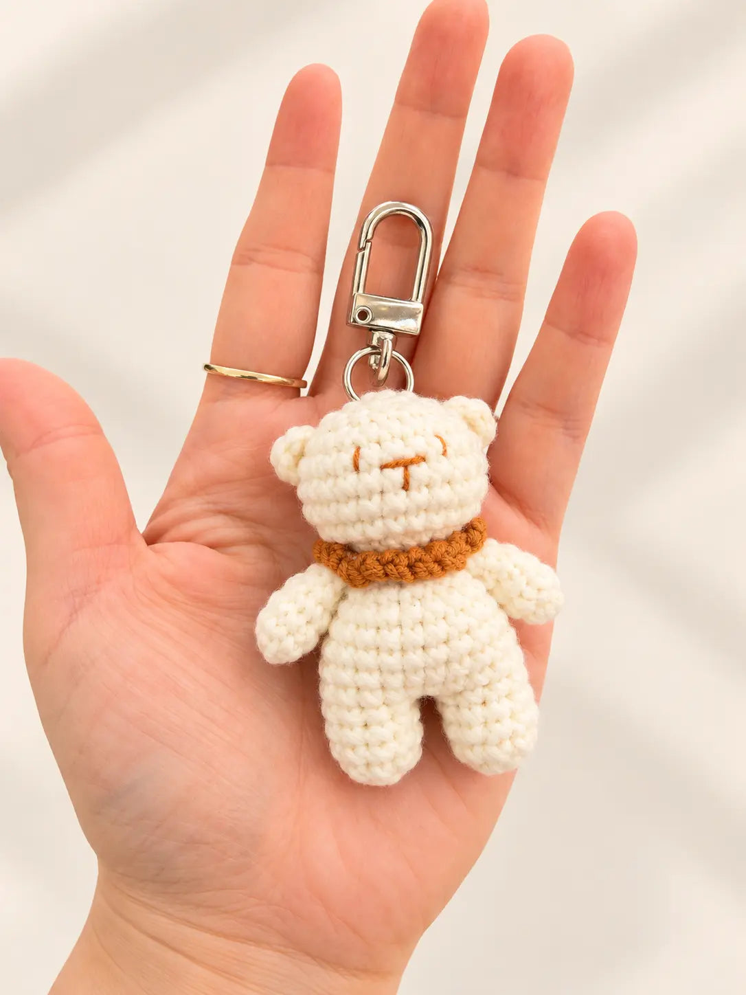 Handmade crochet cream bear keyring and bag charm