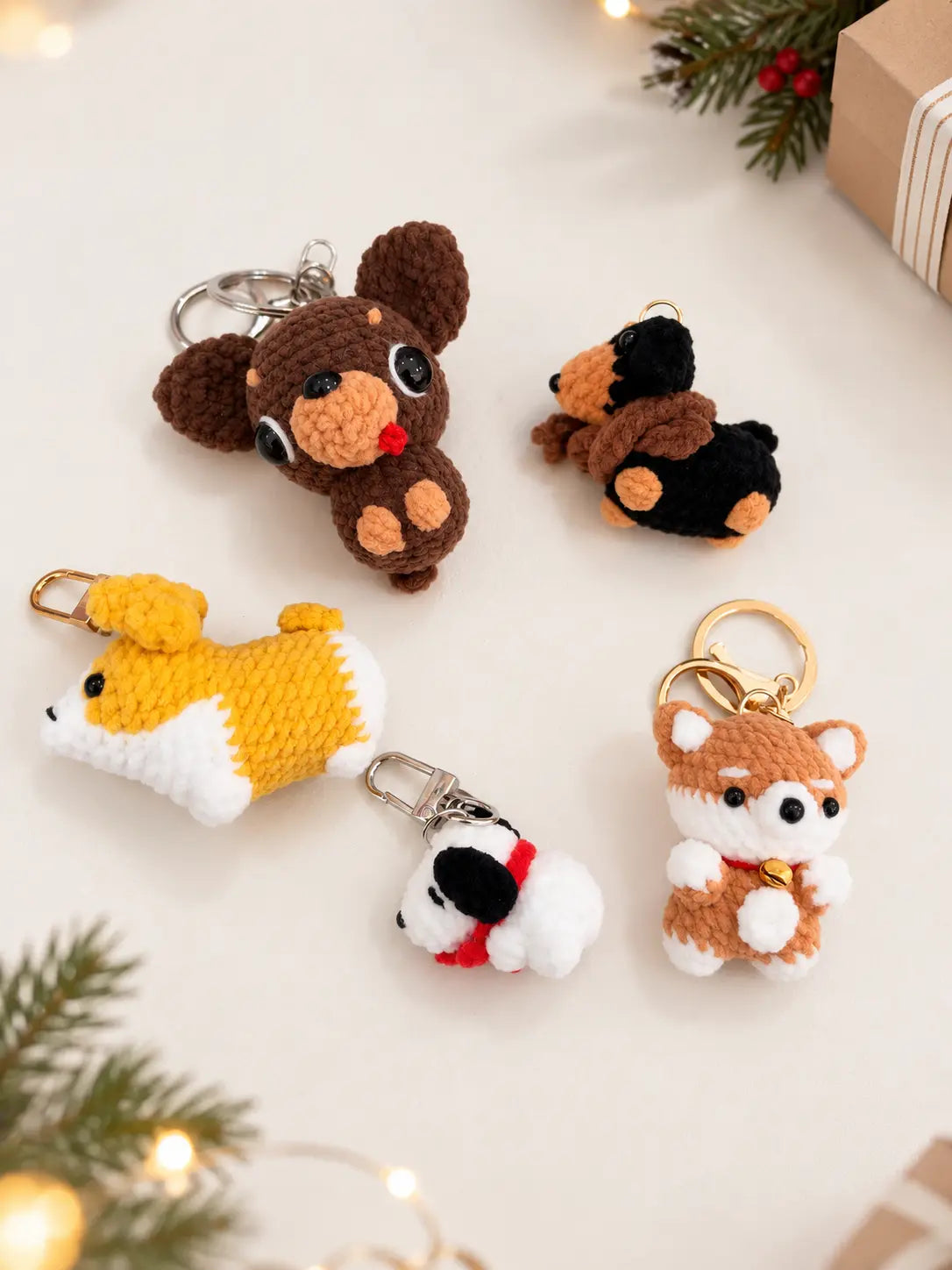 Handmade crochet dog keyrings and bag charms in different breed designs