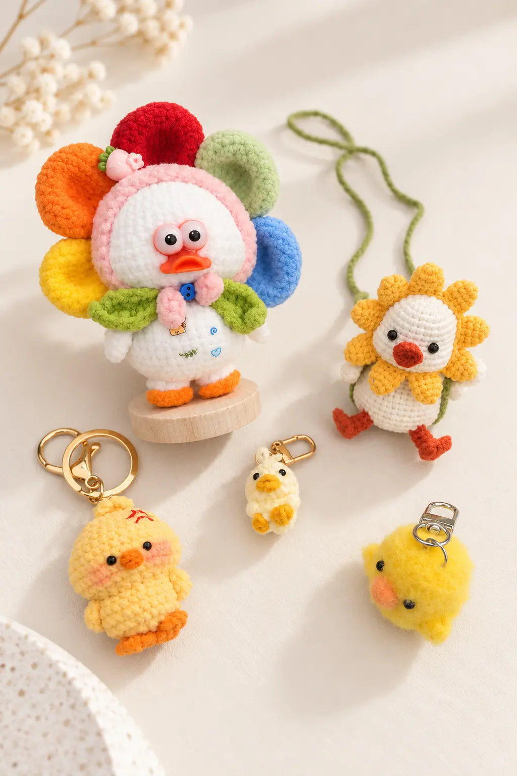 A collection of cute handmade crochet ducks featuring a colourful flower duck ornament, swinging duck, grumpy duck and fluffy duck keychains on a cream background.