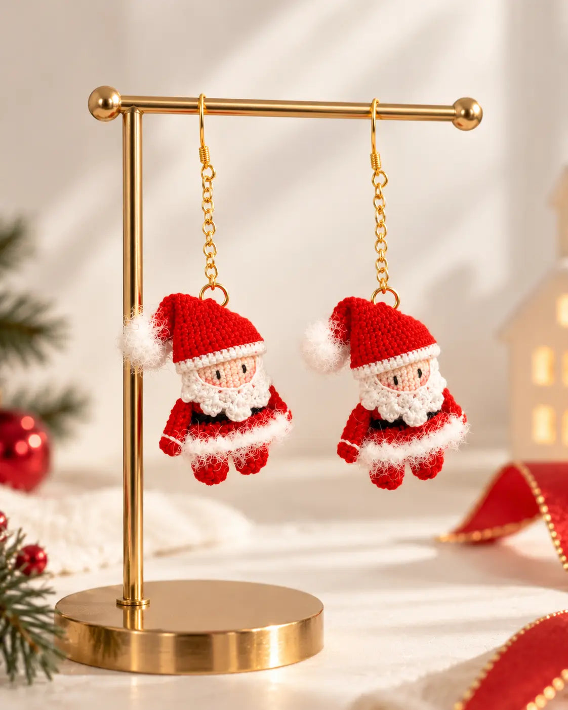 Handmade crochet Santa Claus Christmas earrings hanging from a gold jewellery stand with subtle festive decorations.
